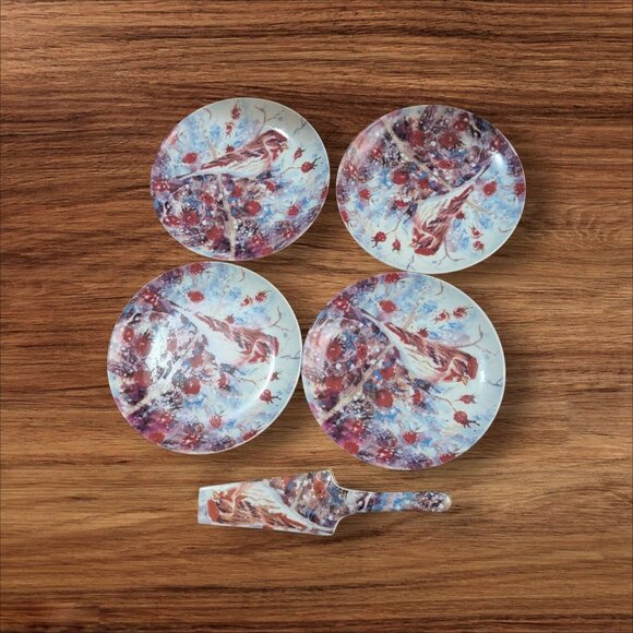Judy Buswell Winter Watch Plate Set 4 Dessert Plates & 1 Server 8" Bird Design - Picture 1 of 6
